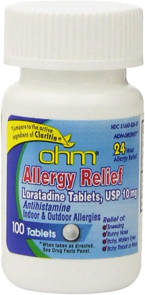 Ohm Allergy Pills - Loratadine Allergy 24 Hour Non Drowsy Relief For Seasonal Allergies, Sneezing - Loratadine 10 Mg Antihistamine For Effective Non-Drowsy 24-Hour Symptom Relief - 100 Count : Health & Household