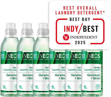 Ineos Next-Gen Non Bio Laundry Washing Liquid Detergent, 198 Washes (6 X 1L), High Performance Stain Remover For Clothes, Plant Powered, For Sensitive Skin, Geranium + Birch, Packaging May Vary