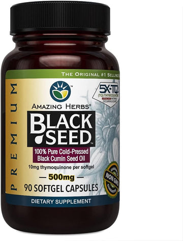 Amazing Herbs Premium Black Seed Oil Capsules - Cold Pressed Nigella Sativa Aids In Digestive Health, Immune Support, Brain Function, Gluten Free, Non Gmo - 90 Count, 500Mg