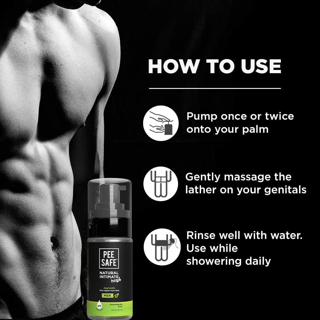 Peesafe Natural Intimate Wash For Men | Ball Wash For Men | Genital Wash | Daily Hygiene Wash, With Tea Tree Essential Oil And Ayurvedic Extracts, 100% Alcohol Free - 3.38 Fl Oz