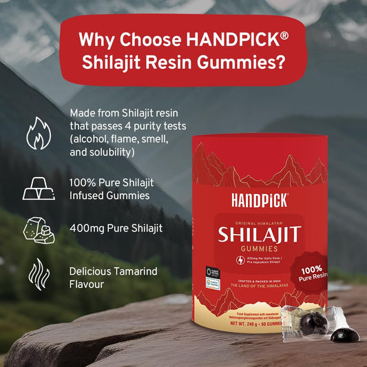 Handpick, Pure Himalayan Shilajit Gummies (60 Gummies) | High Potency For Men & Women | Essential Trace Minerals, 75%+ Fulvic Acid With Lab Test Report, Travel Friendly - Tamarind Flavor, 400Mg