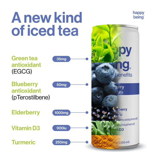 Happy Being Nutrient-Rich Organic Blueberry & Peach Rose White Tea – Infused With Turmeric, Elderberry, Vitamin D3, Caffeine Free, Plant-Based, Low Calorie & Low Sugar Drinks, Variety Pack (16 Pack)