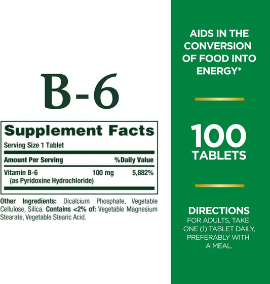 Nature'S Bounty Vitamin B6, Supports Energy Metabolism And Nervous System Health, 100Mg, Tablets, 100 Ct