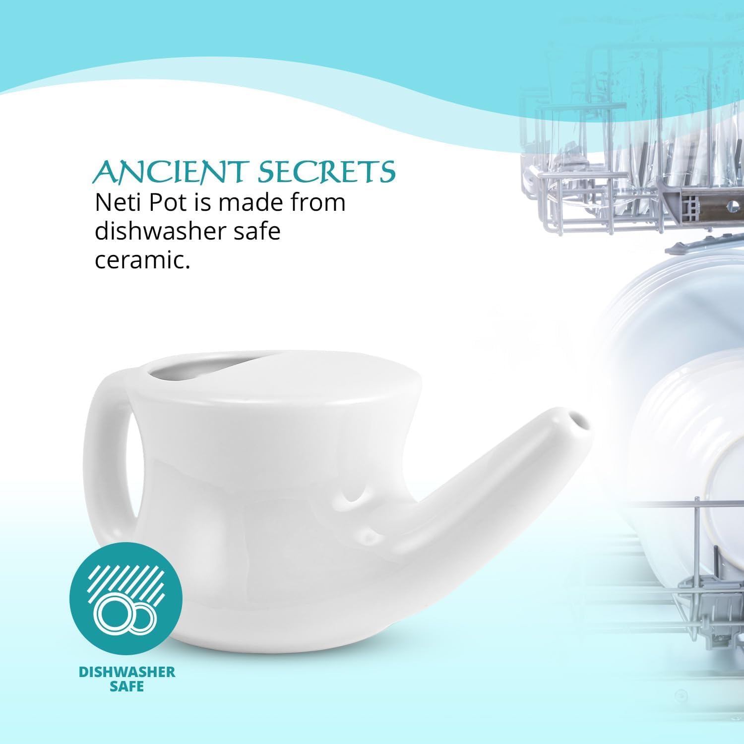 Ancient Secrets Neti Pot Sinus Rinse + Pre-Measured Cleansing Salt Pack β Dishwasher-Safe Ceramic Model, Patented Ergonomic No-Leak Design, Nasal Cleansing Pot, Nasal Irrigation