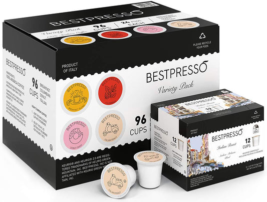 Bestpresso Coffee, Variety Pack Single Serve K-Cup Pods, 96 Count. Includes Breakfast, Colombian, Donut And Italian (Compatible With 2.0 Keurig Brewers) 8 Packs Of 12 Cups