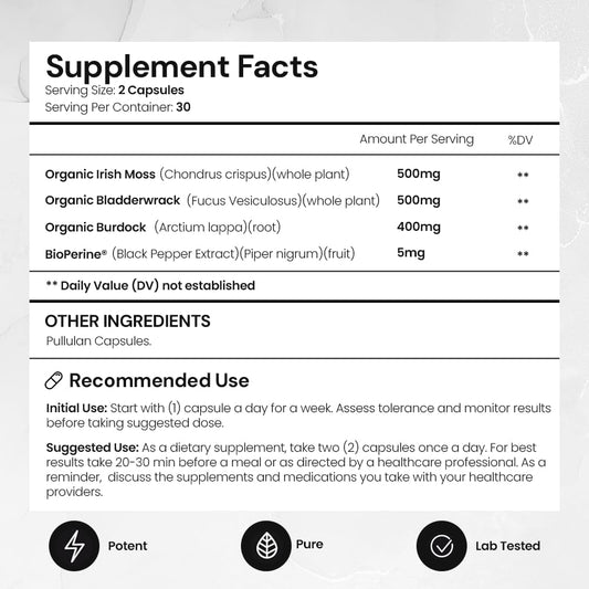Aceworkz Usda Certified Organic Irish Sea Moss Capsules, Burdock Root & Bladderwrack With Bioperine® - Prebiotic Super Food - Thyroid And Gut Health - Healthy Skin & Anti-Aging (60 Capsules)