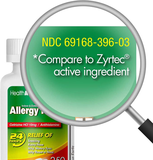 Healtha2ZĀ® Allergy Relief | Cetirizine 10Mg | All Day Allergy Relief | Indoor & Outdoor | Relief From Itchy Throat, Sneezing, Runny Noses (250 Count (Pack Of 1))