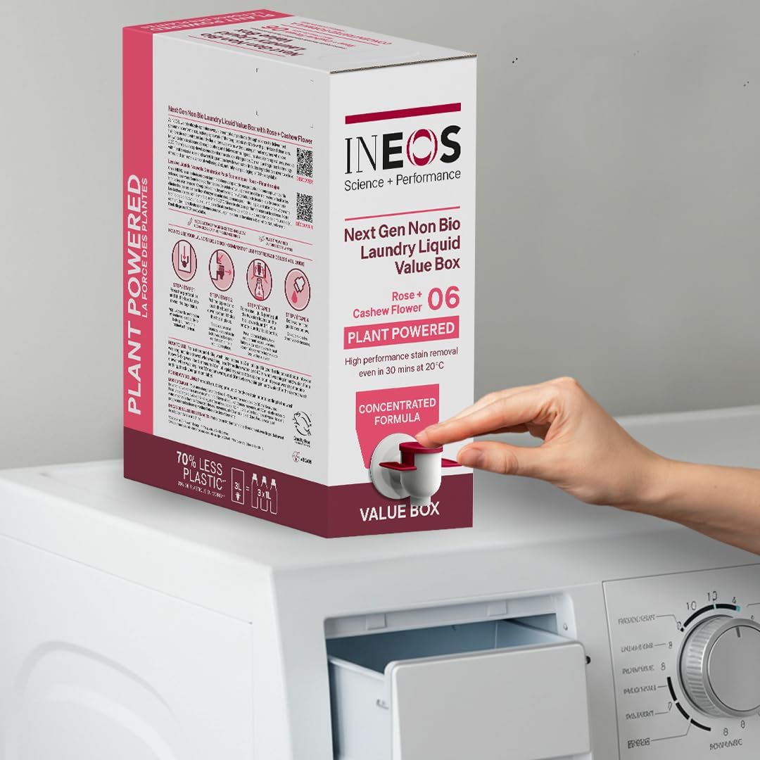 INEOS Next Gen Non Bio Laundry Washing Liquid Detergent, Stain Removal for Clothes, Plant Powered, Eco value box Rose + Cashew Flower 3L, Stress Relieving Fragrance, Vegan, Cruelty Free : Amazon.co.uk: Health & Personal Care