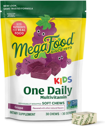 Megafood Kids One Daily Multivitamin Soft Chews - Kids Vitamins With Vitamin B, Vitamin C, Vitamin D & Vitamin E - Age 4+, Vegetarian, Made Without 9 Food Allergens - Grape Flavor - 30 Chews