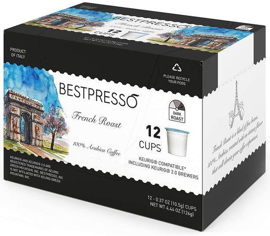 Bestpresso Coffee, French Roast Single Serve K-Cup Pods, Dark Roast, 96 Count (Compatible With 2.0 Keurig Brewers) 8 Packs Of 12 Cups