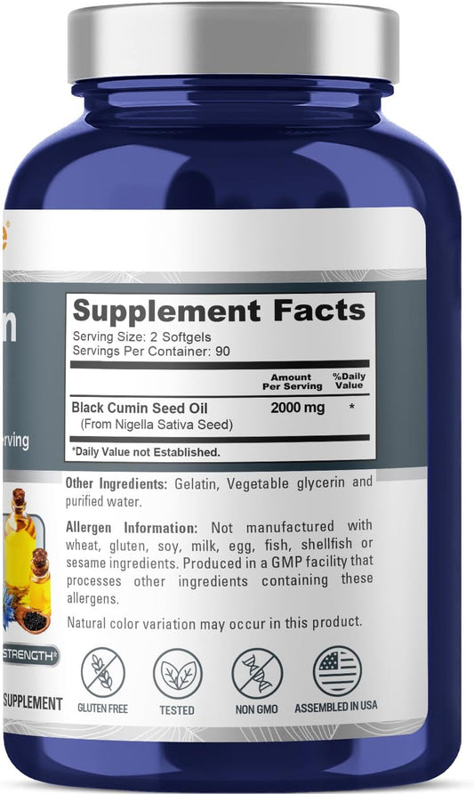 Nusapure Black Seed Oil 2000Mg Per Serving - 180 Softgel Caps (Non-Gmo, Gluten-Free) Cold-Pressed Nigella Sativa