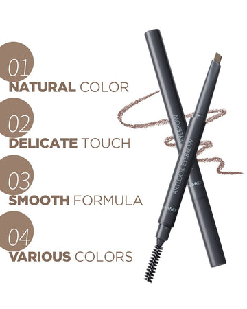 Thesaem Artlook Eyebrow Definer Pencil With Spoolie Brush 02 Deep Brown – Long Lasting Eyebrow For Soft Textured Eyebrow Makeup With Vitamin E - Triangular Pencil