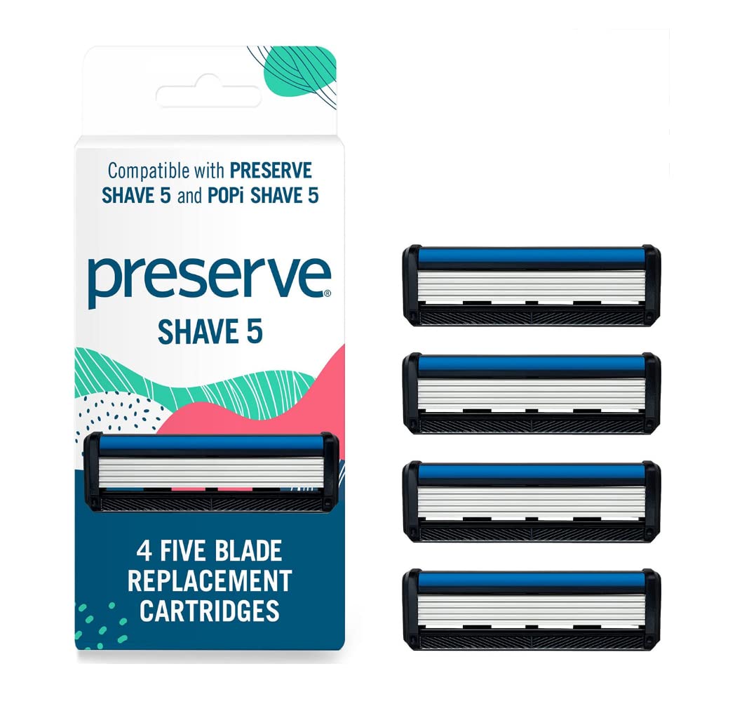 Preserve Shave 5 Five Blade Refillable Razor, Made From Recycled Materials, Sunshine Yellow And Preserve Five Blade Replacement Cartridges Wave Edition (4 Count) Bundle : Beauty & Personal Care