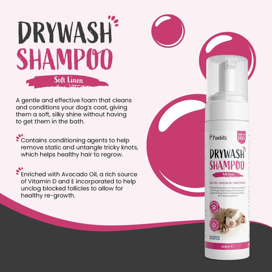 Pawbits Drywash Shampoo For Dogs - Puppy Friendly 3-In-1 Dry Shampoo To Clean, Condition & Detangle – No Water Required (Soft Linen - 200Ml)Pb-Drywash