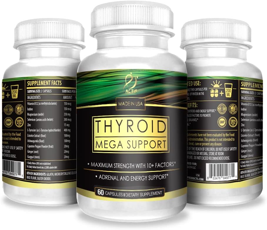 Actif Thyroid Mega Support - Maximum Strength With 10+ Thyroid Factors - Supports Energy, Metabolism, Adrenal Fatigue & Stress Response - Non Gmo, 1 Month Supply, Made In Usa
