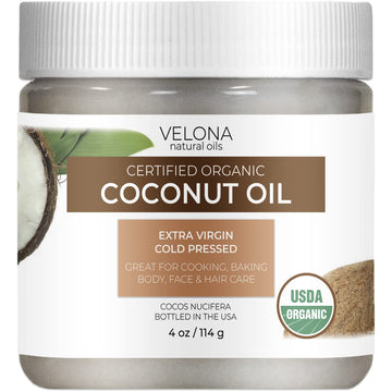 Velona USDA Certified Organic Coconut Oil Extra Virgin - 4 oz | Food and Cosmetic Grade | in jar | Extra Virgin, Cold Pressed