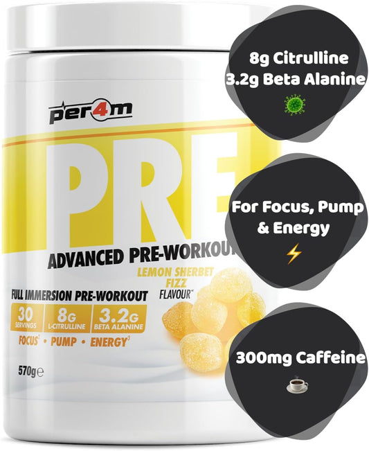 Per4M Pre Workout Powder 570G | Intense Pump, Sustained Energy And Mental Focus | With L-Citrulline, Beta Alanine & Caffeine With Added Hydration (Lemon Sherbet Fizz)