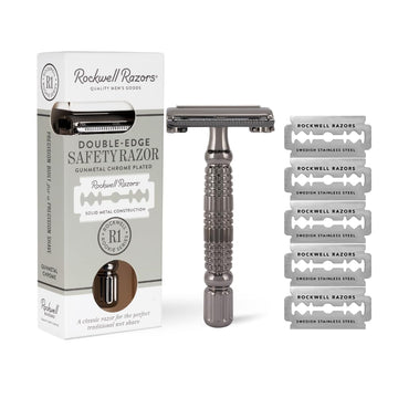 Rockwell Razors R1 Double Edge Safety Razor In Gunmetal Chrome. Beginner-Friendly For A Smooth, Comfortable Shave. Twist-To-Open Handle For Easy Blade Loading Includes 5 Recyclable Safety Razor Blades