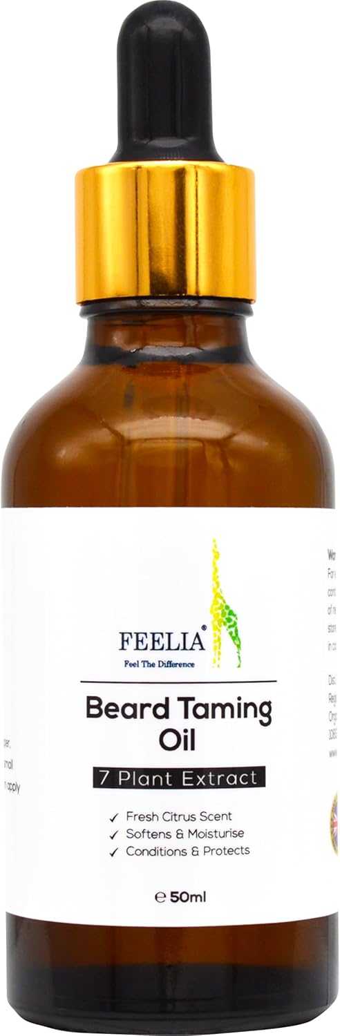 Feelia – Beard Taming oil, With Argan, Jojoba, Grapeseed, Avocado, Fresh Citrus Scent, For Healthy Beard Growth, Softens & Moisturise, 7 Plant Extract – 50ml