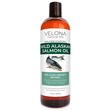 Velona Wild Alaskan Salmon Oil - 16 Oz | 100% Pure Refined Oil | For Dogs & Cats - Supports Joint Function | Omega 3 Liquid Food Supplement For Pets - Natural Epa + Dha Fatty Acids For Skin & Coat