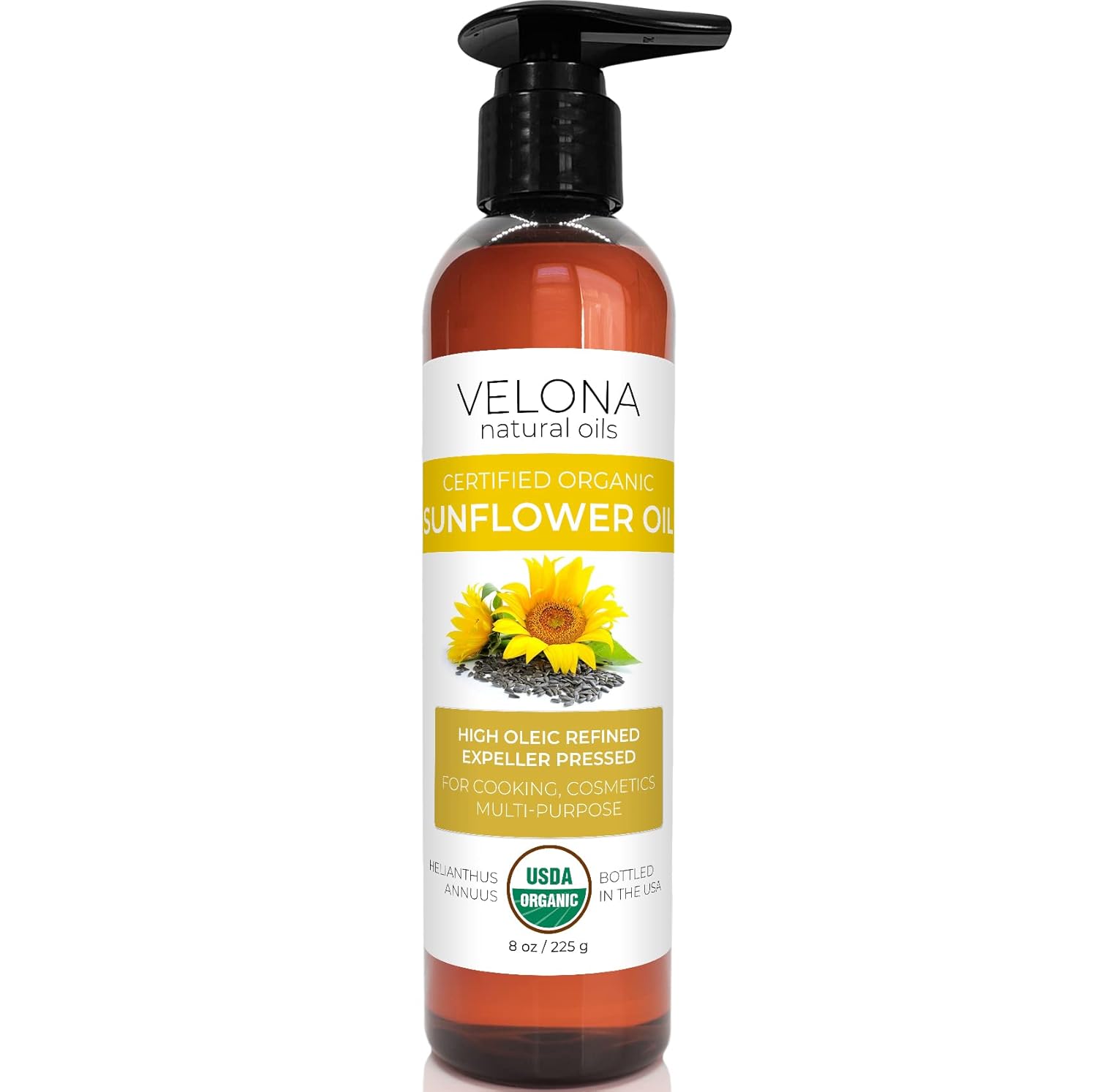 velona USDA Certified Organic Sunflower Oil - 8 oz | 100% Pure and Natural Carrier Oil | High Oleic, Refined, Cold Pressed | Cooking, Skin, Hair, Body & Face Moisturizing : Beauty & Personal Care