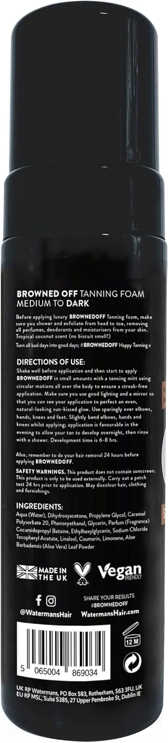 Browned OffĀ® Medium to Dark (200ml) Watermans Self Tanning Mousse with Aloe Vera, Vitamin E, Fast Drying Vegan Fake Tan