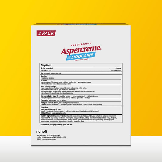 Aspercreme Odor Free Max Strength Lidocaine Pain Relief Liquid With Roll-On No Mess Applicator, 2.5 Oz. 2Pk