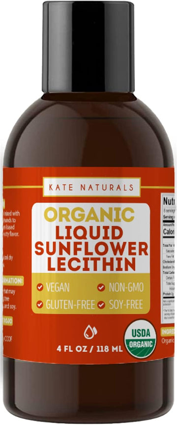 Kate Naturals Organic Sunflower Lecithin Liquid For Brownies, Gummies And Cooking (4Oz) Vegan & Gluten Free. Organic Liquid Lecithin Sunflower For Lactation Supplement, Baking, And Smoothies