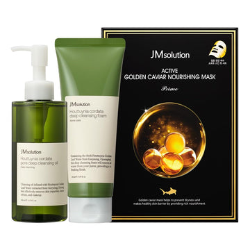Jmsolution Skin Care Bundle- Heart Leaf Micro Cleansing Oil, Foam And Active Golden Cavior Mask