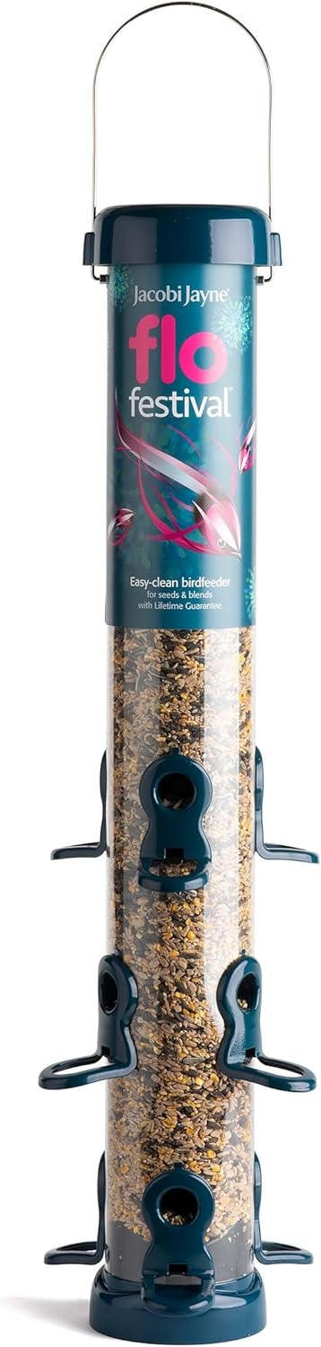 Garden Bird Feeders - Jacobi Jayne® Flo™ Festival Hanging, Easy-Clean Bird Feeder For Sunflower Seeds - Metal Bird Feeder, Blue, Large Sunflower Heart FeederFlf-S3B