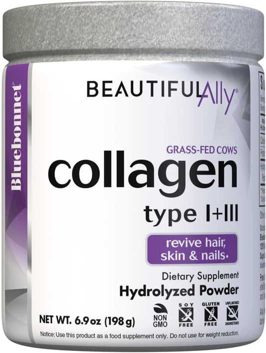 Bluebonnet Nutrition Beautiful Ally Collagen Powder, Hydrolyzed Collagen From Grass Fed Cows, Collagen Peptides Type 1 & 3, Non Gmo, Gluten Free, Soy Free, Milk Free, 28 Servings, Unsweetened, 6.9 Oz : Health & Household