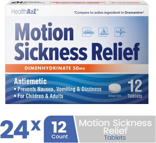 Healtha2Z® Motion Sickness Relief | Dimenhydrinate 50Mg | Antiemetic | Prevents Nausea, Vomiting & Diziness | For Children & Adults (288 Counts (Pack Of 24))