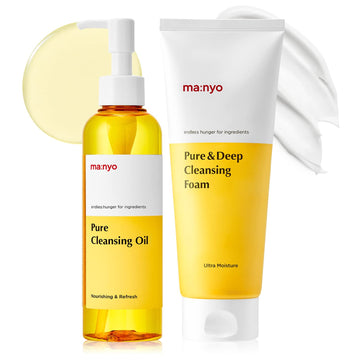 Ma:Nyo Double Cleanse Set -Pure Cleansing Oil 6.7Fl Oz + Pure & Deep Cleansing Foam 6.7Fl Oz Korean Facial Cleanser, Blackhead Melting, Daily Makeup Removal With Argan Oil