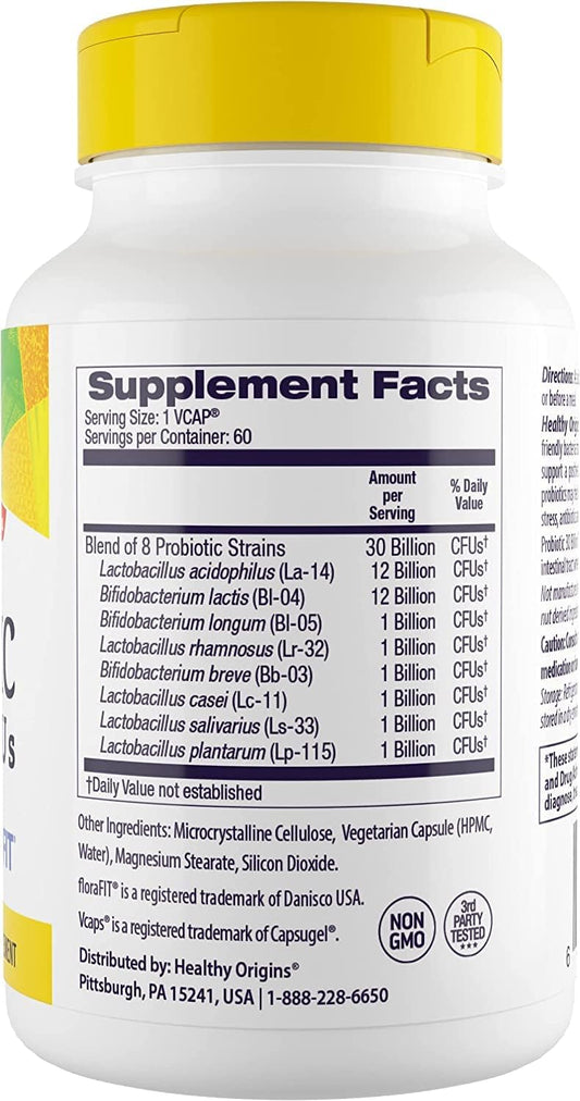 Healthy Origins Probiotic 30 Billion CFUs - Shelf Stable Probiotics for Women and Men - Supports Gut Health - Probiotics for Digestive Health - 60 Veggie Capsules