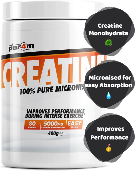 Per4M Creatine Powder | 80 Servings Of 100% Pure Micronised Creatine Monohydrate | Unflavoured 400G