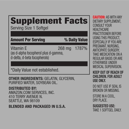 Amazon Elements Vitamin E, 400 Iu, 100 Softgels, 100 Days Of Supply (Packaging May Vary)