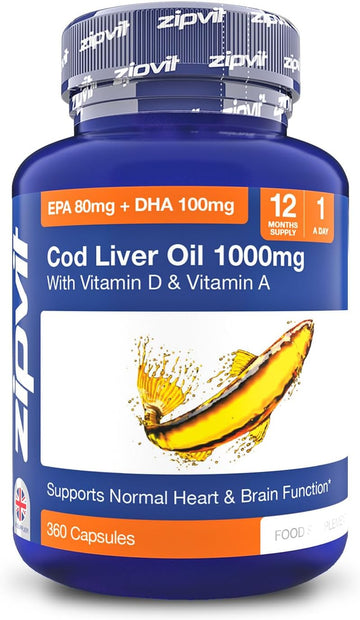 Zipvit Cod Liver Oil 1000Mg, 120 Softgel Capsules, Rich In Omega-3, Epa 80Mg & Dha 100Mg. With Vitamins D3 & A To Support Heart, Brain, Eye Health & Immune System β 4 Month Supply