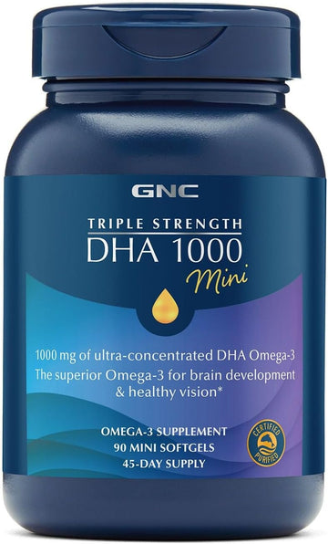 Gnc Triple Strength Dha 1000 Mini Omega 3 Supplement, 1000Mg, Ultra Concentrated, High Potency, Supports Brain Development And Healthy Vision, Burpless, 90 Mini Softgels, 45 Svg, 45 Day Supply