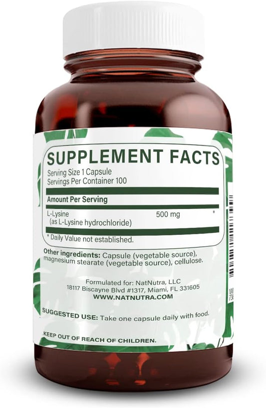 Natural Nutra L Lysine Hcl, Promotes Bone Health And Growth, Improve Calcium Absorption, Non-Gmo, Vegan, 500 Mg, 100 Capsules