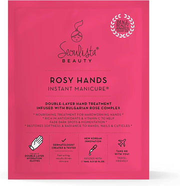 Seoulista Beauty Rosy Hands Instant Manicure – At Home Hand Mask Treatment – Soothe And Hydrate Dry Skin, Nails, Cuticles —Anti-Ageing With Vitamin C, Beeswax — Fade Dark Spots — Award-Winning