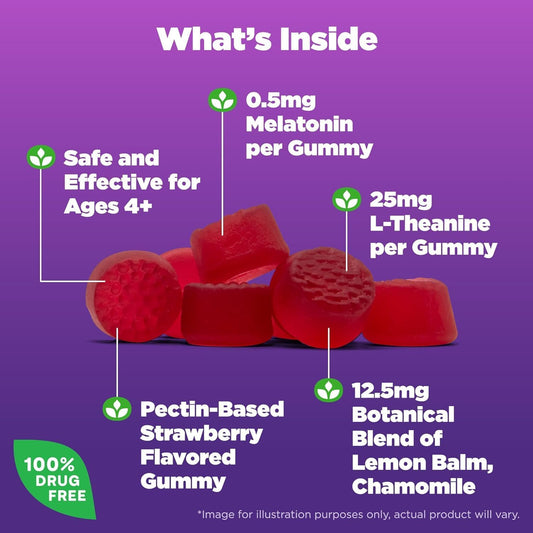 Natrol Kids Sleep+ Calm, Melatonin And L-Theanine, Sleep Aid Gummies With Botancial Blends, 100% Drug-Free, 60 Count (Pack Of 2)