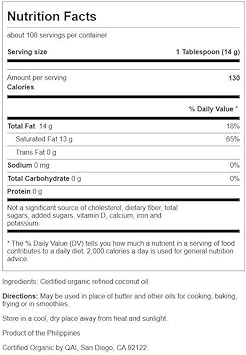Swanson 100% Certified Organic Flavor Free Coconut Oil Cooking Baking Frying Beauty Efas Mcts 3 Lbs 6 Ounces (1.53 Kg) Solid Oil