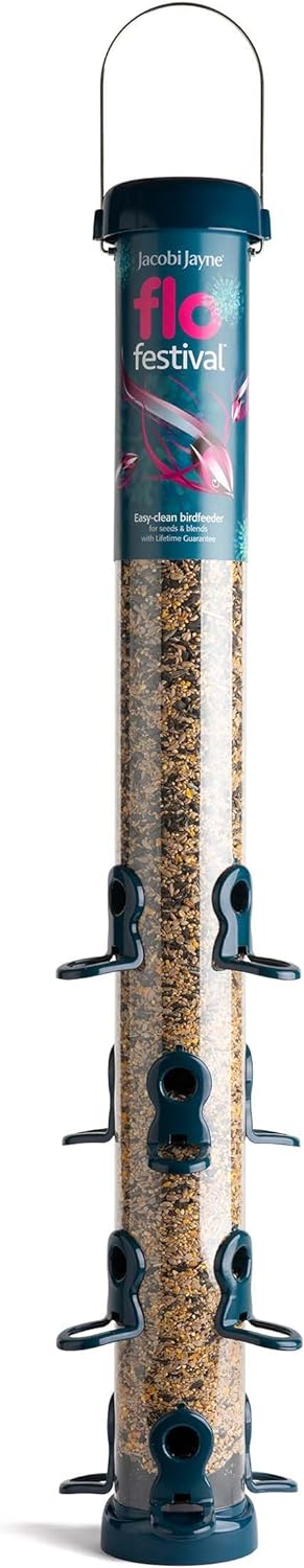 Garden Bird Feeders - Jacobi Jayne® Flo™ Festival Hanging, Easy-Clean Bird Feeder For Sunflower Seeds - Metal Bird Feeder, Blue, Extra-Large Sunflower Heart FeederFlf-S4B