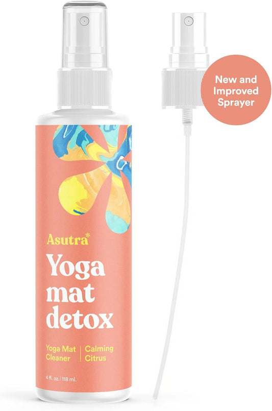 Asutra Yoga Mat Cleaner Spray (Calming Citrus), 4 Fl Oz - No Slippery Residue, Organic Essential Oils, Deep-Cleansing For Fitness Gear & Gym Equipment, Microfiber Towel Included