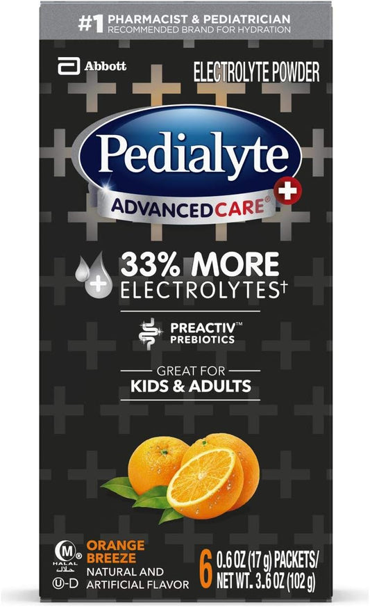 Pedialyte Advancedcare Plus Electrolyte Powder, With 33% More Electrolytes And Preactiv Prebiotics, Orange Breeze, Electrolyte Drink Powder Packets, 0.6 Oz (18 Count)