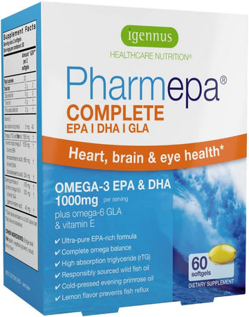 Pharmepa Complete Epa Dha Rtg Omega 3 1000Mg, High Potency Fish Oil Plus Omega 6 Gla Evening Primrose Oil, Lemon Flavor, 60 Servings