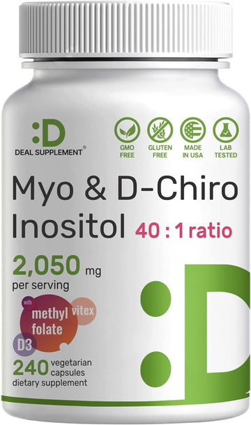 Myo-Inositol & D-Chiro Inositol Supplement (40:1) 2,050Mg Per Serving, 240 Veggie Capsules – With Folate, Vitamin D3, & Vitex Complex – Women Health Supplements – Non-Gmo