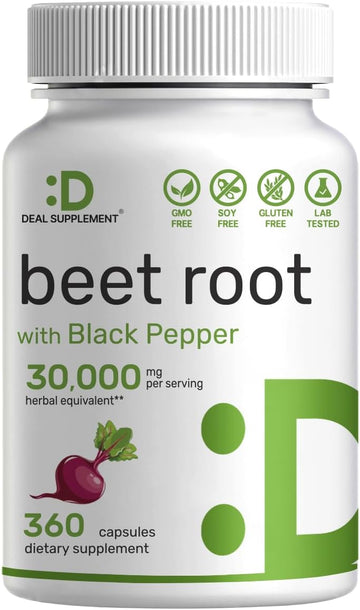 Beet Root Capsules 30000Mg Per Serving, 360 Count, With Black Pepper Extract  Enhanced Absorption, Pure Beet Root Powder Source