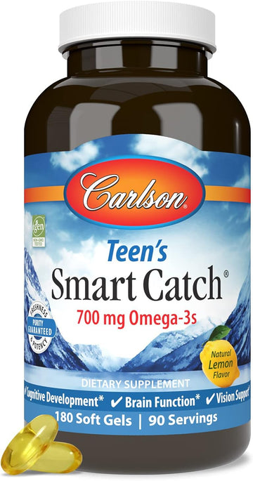 Carlson - Teen'S Smart Catch, 700 Mg Omega-3S, Cognitive Development, Brain Function & Vision Support, Lemon, 180 Softgels