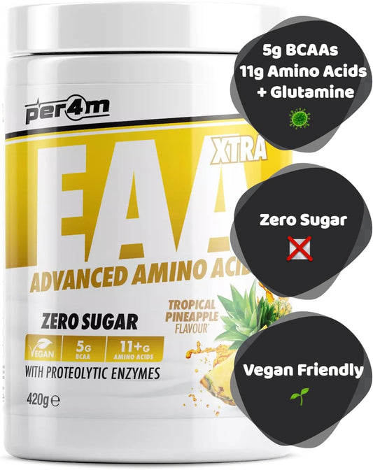 Per4M Eaa Xtra/Amino Xtra | 30 Servings Of Full Spectrum Eaa With Proteolytic Enzymes | Vegan Friendly | Zero Sugar Amino Acid (Tropical Pineapple, 420G)